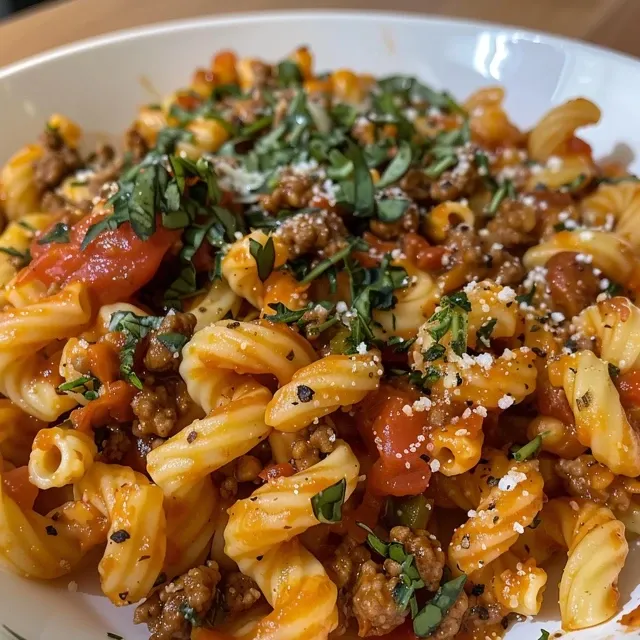 Side view of hearty chickpea pasta with beef, garnished with spices.