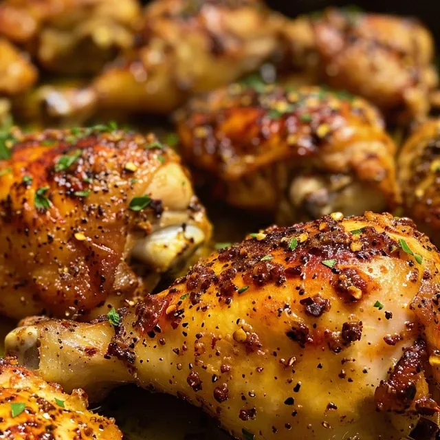 Close-up of golden-brown Baked Paprika Chicken glistening with sauce.