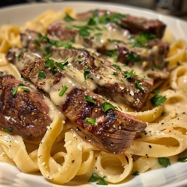 Juicy steak strips mixed with pasta, highlighted by colorful veggies and creamy sauce.