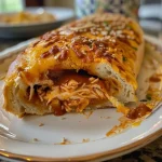 A side view of a delicious BBQ Chicken Stuffed Bread showcasing its cheesy filling.