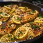 Vibrantly cooked Easy Lemon Garlic Chicken on a skillet, garnished with parsley and lemon zest.