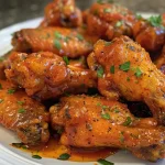 Close-up of steaming Hot Honey Buffalo Wings, showcasing their shiny sauce and garnishes.