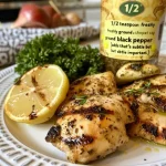 Succulent grilled chicken breasts with a rich garlic marinade, served on a plate.