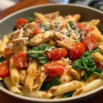Juicy Tomato Spinach Chicken Pasta in a bowl, highlighting the penne pasta and grated Parmesan.
