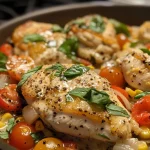 Side view of Creamy Basil Chicken with vibrant corn and cherry tomatoes.
