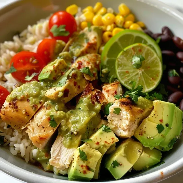 A tantalizing rice bowl showcasing juicy chicken, creamy avocado, and fresh ingredients from a side perspective.
