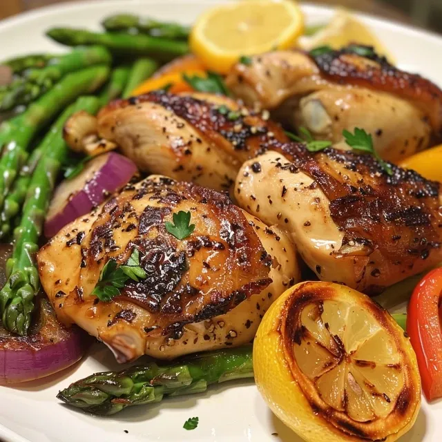 Side view of golden-brown Greek Lemon Chicken garnished with lemon slices.