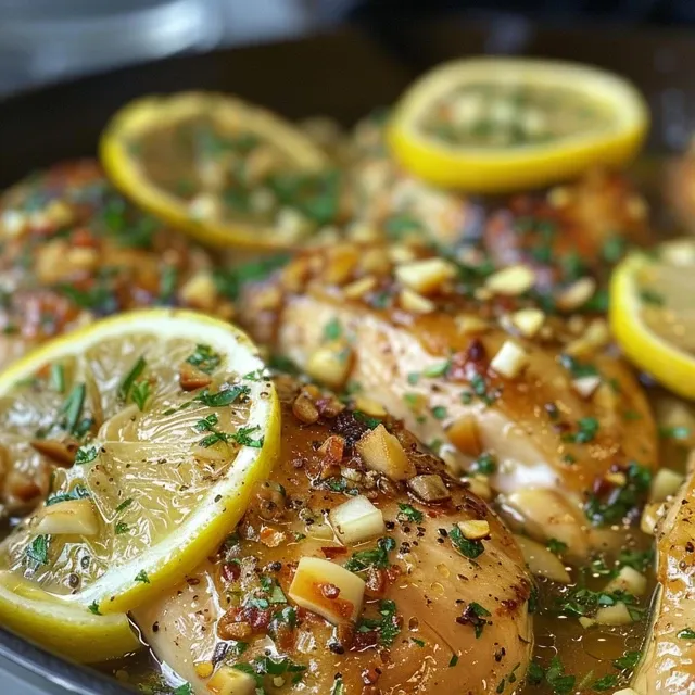 Delicious chicken dish with zesty lemon and garlic, served in a black skillet.