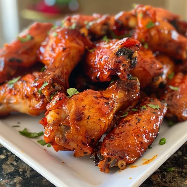 Deliciously baked chicken wings coated in a hot honey sauce, viewed from the side.