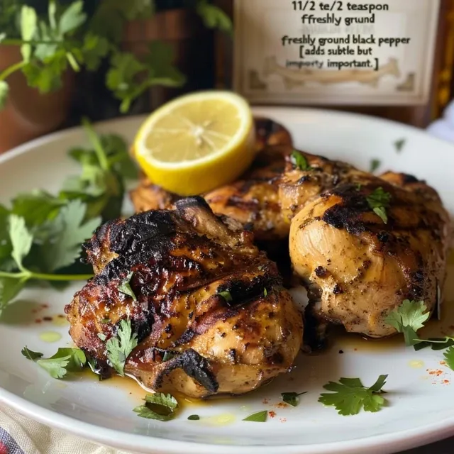 Flavorful grilled chicken glistening from olive oil and yogurt marinade, topped with herbs.