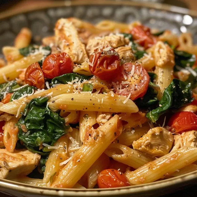 Detailed shot of a serving of Tomato Spinach Chicken Pasta featuring fresh ingredients and olive oil drizzle.