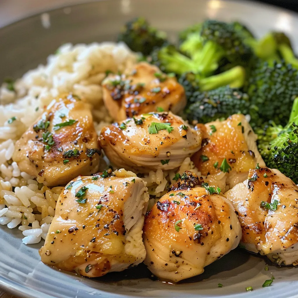 Side view of a colorful meal prep dish with tender chicken, fluffy rice, and fresh broccoli.