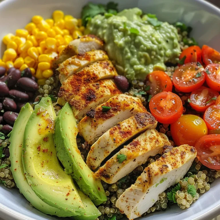 A Journey in a Bowl: The Avocado Chicken Quinoa Experience Delicious quinoa bowl topped with avocado, grilled chicken, corn, and onion.