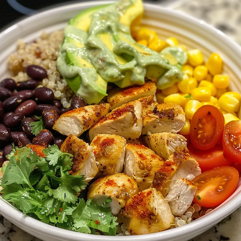 Side view of a fresh avocado chicken quinoa bowl with layers of ingredients and dressing.