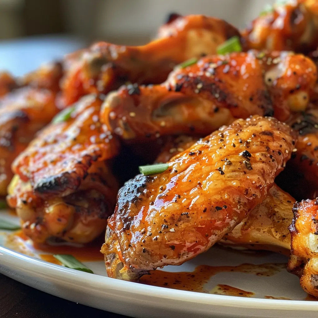 Delicious Baked Buffalo Wings served on a rustic platter, glistening from the sauce.