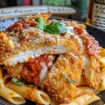 A vibrant dish of Baked Chicken Parmesan Pasta showcasing the layers of cheese and chicken.