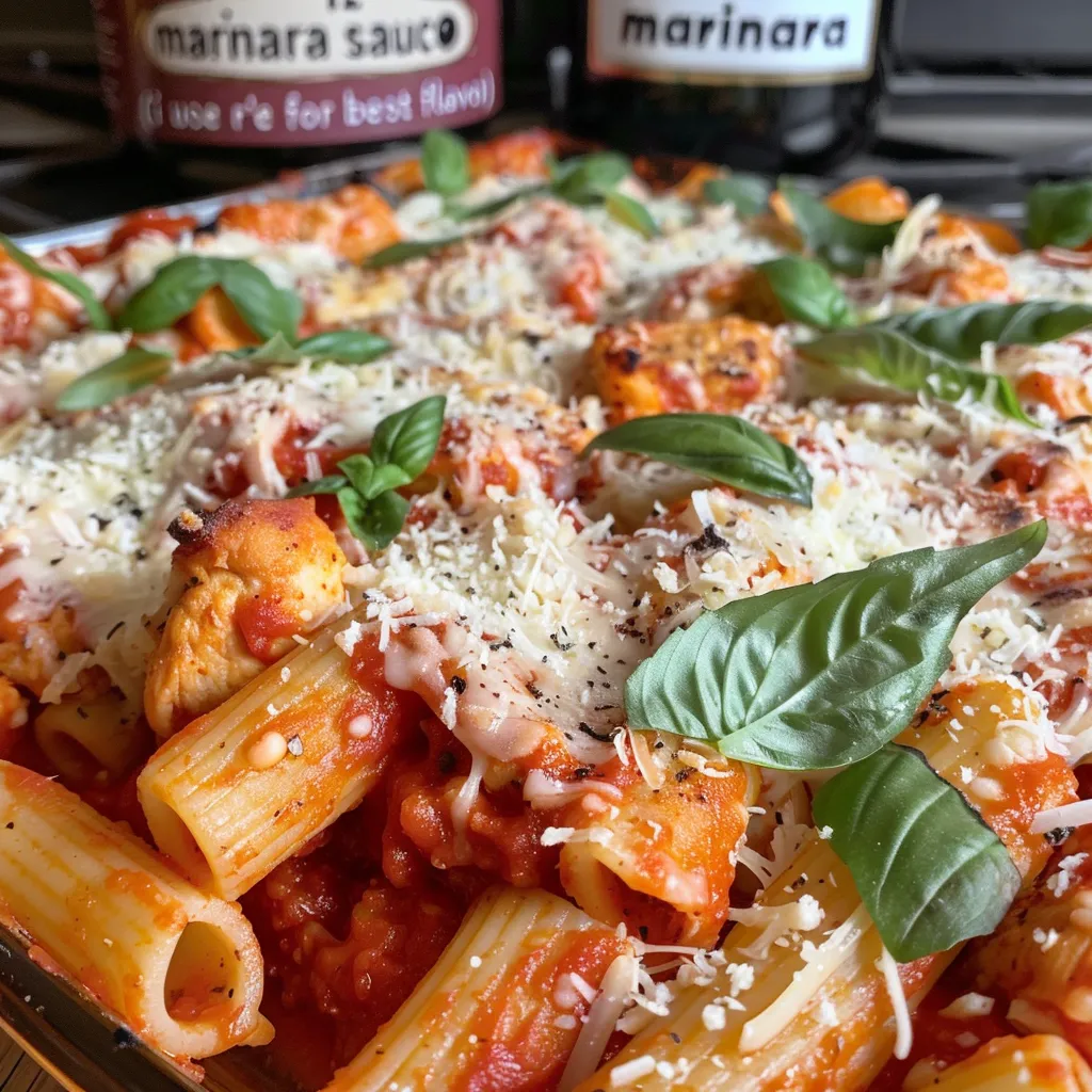 Close-up presentation of pasta mixed with chicken, cheese, and herbs, garnished beautifully.