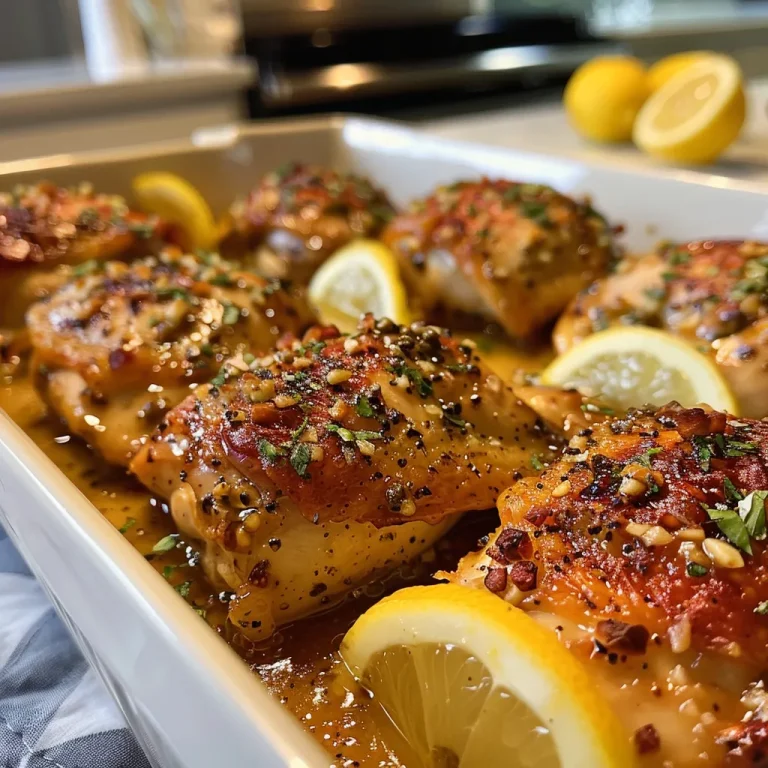 Close-up of juicy baked honey mustard chicken thighs, garnished with herbs.