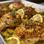 Image of Baked Lemon Butter Chicken with lemon slices and parsley decoration.