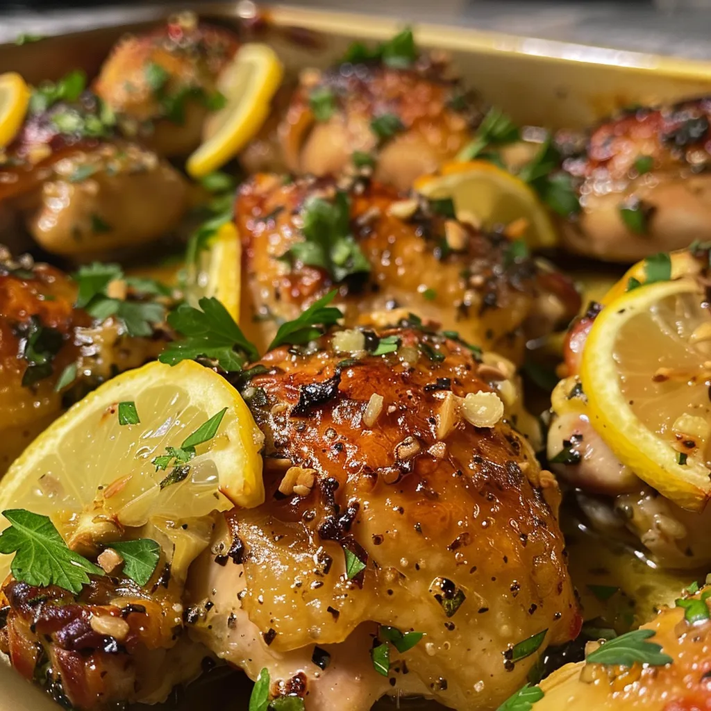 Deliciously baked chicken with a golden-brown crust and fresh lemon.