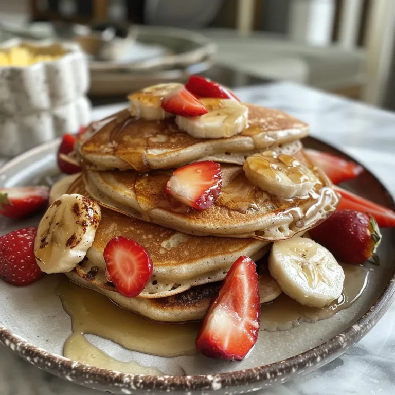 Close-up of fluffy banana pancakes topped with strawberries and a drizzle of honey.