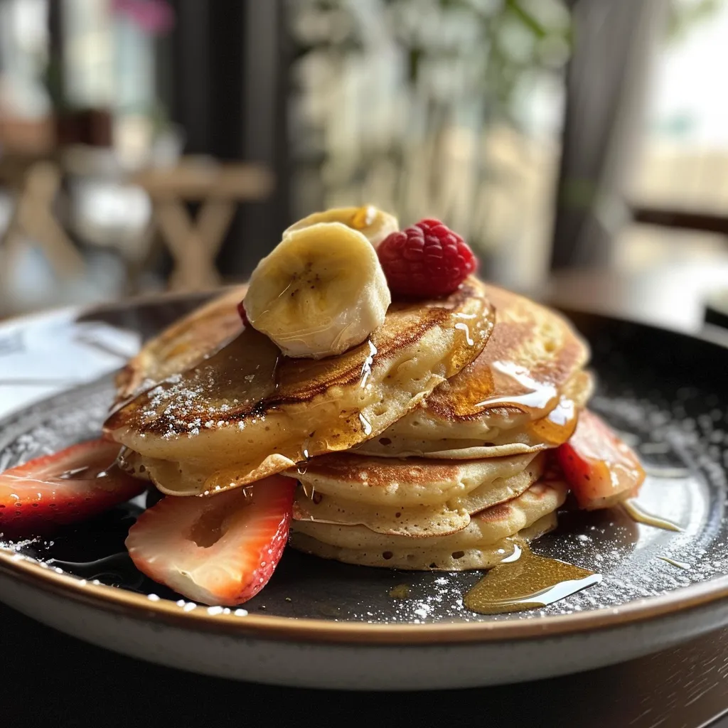 Side view of delicious banana pancakes layered with fruit and yogurt.