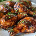 Air-fried BBQ chicken pieces with visible spices and a glossy finish on a plate.