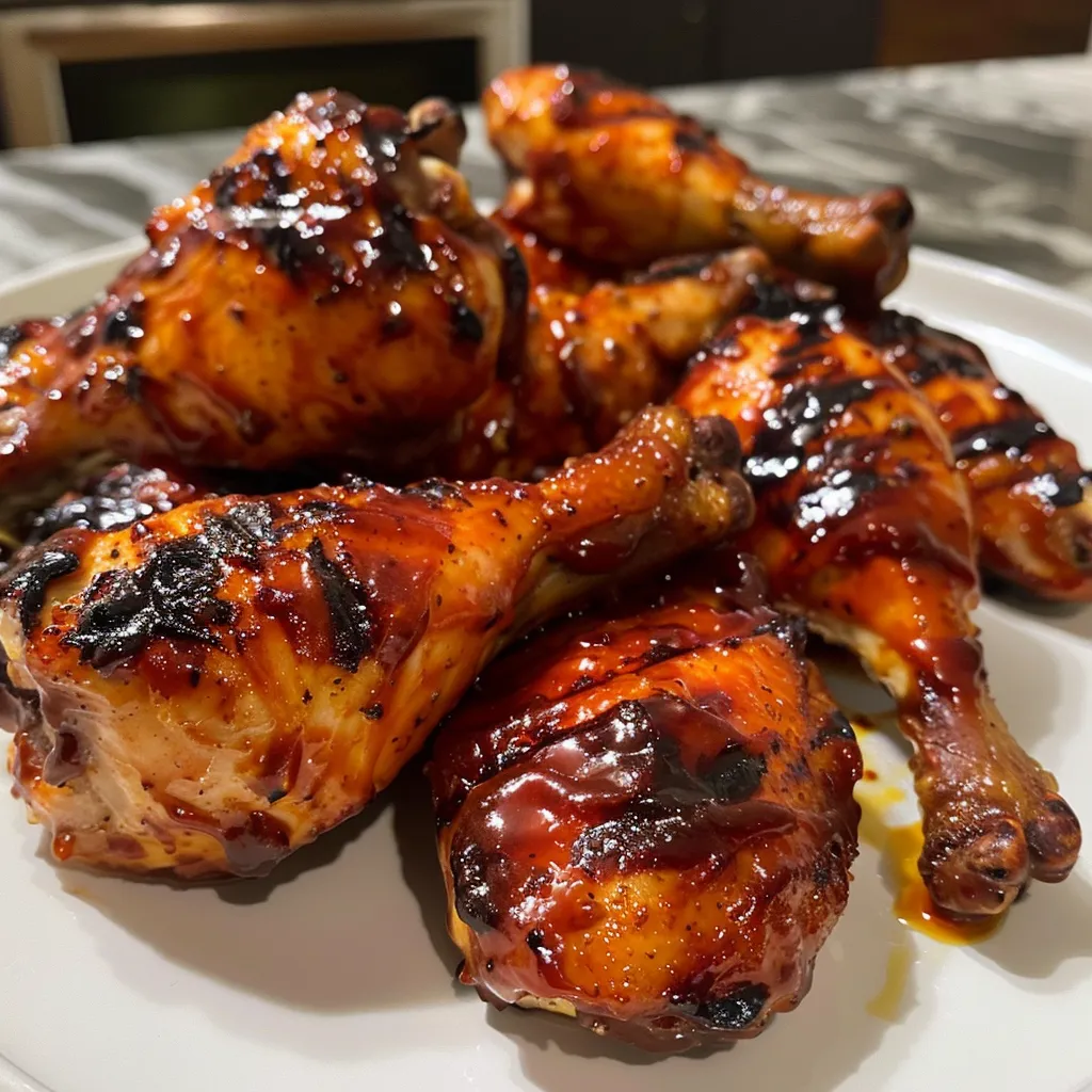 Appetizing look at BBQ chicken thighs, with sauce drizzled and spices clearly visible.