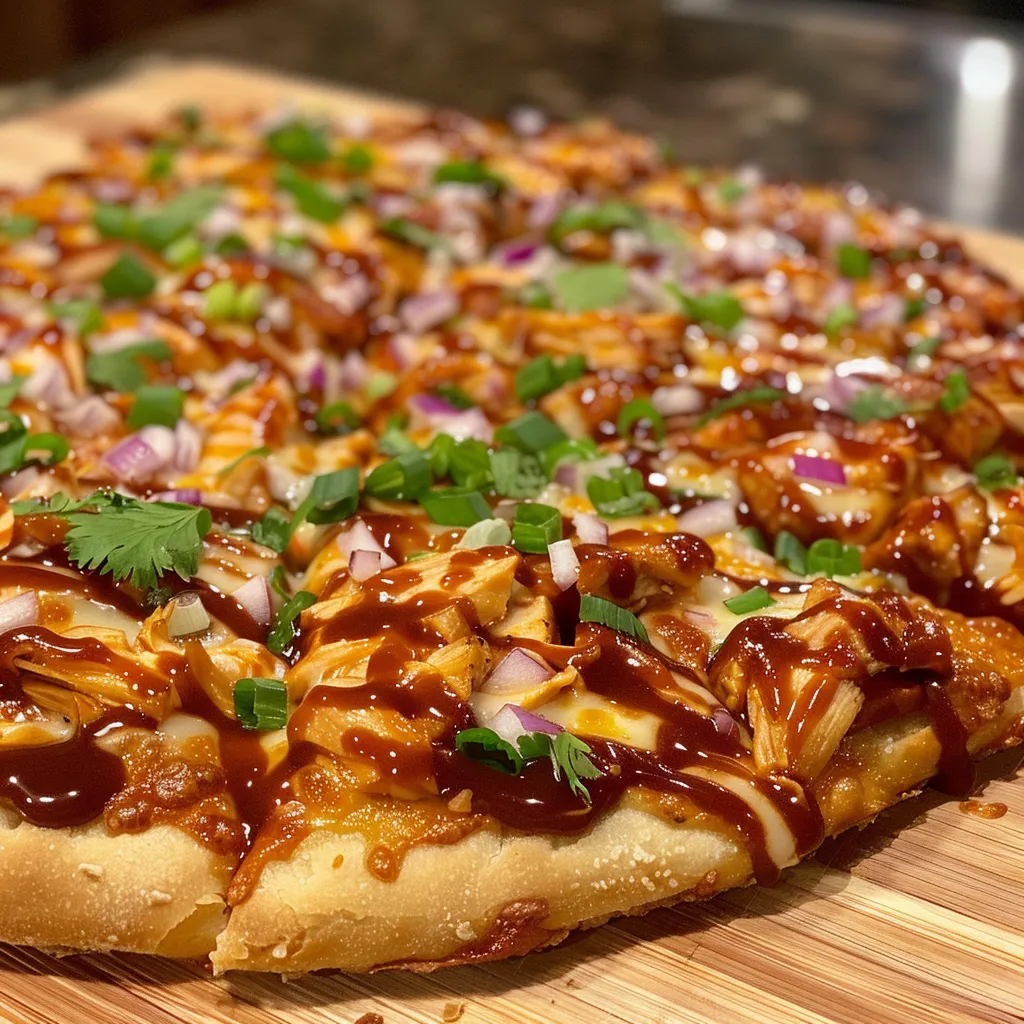 Detailed view of BBQ Chicken Pizza, highlighting layers of cheese and barbecue sauce.
