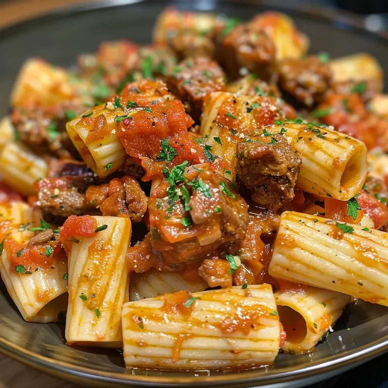 Close-up view of beef pasta in vibrant tomato sauce, showcasing juicy meat and pasta.