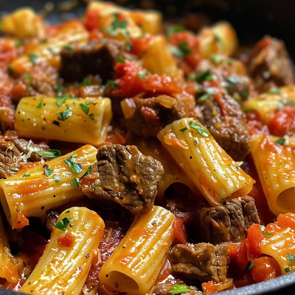 Side profile of a dish featuring beef pasta, richly coated in a bright red tomato sauce.