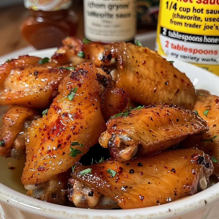 Close-up of golden brown chicken wings covered in hot honey, garnished with herbs.