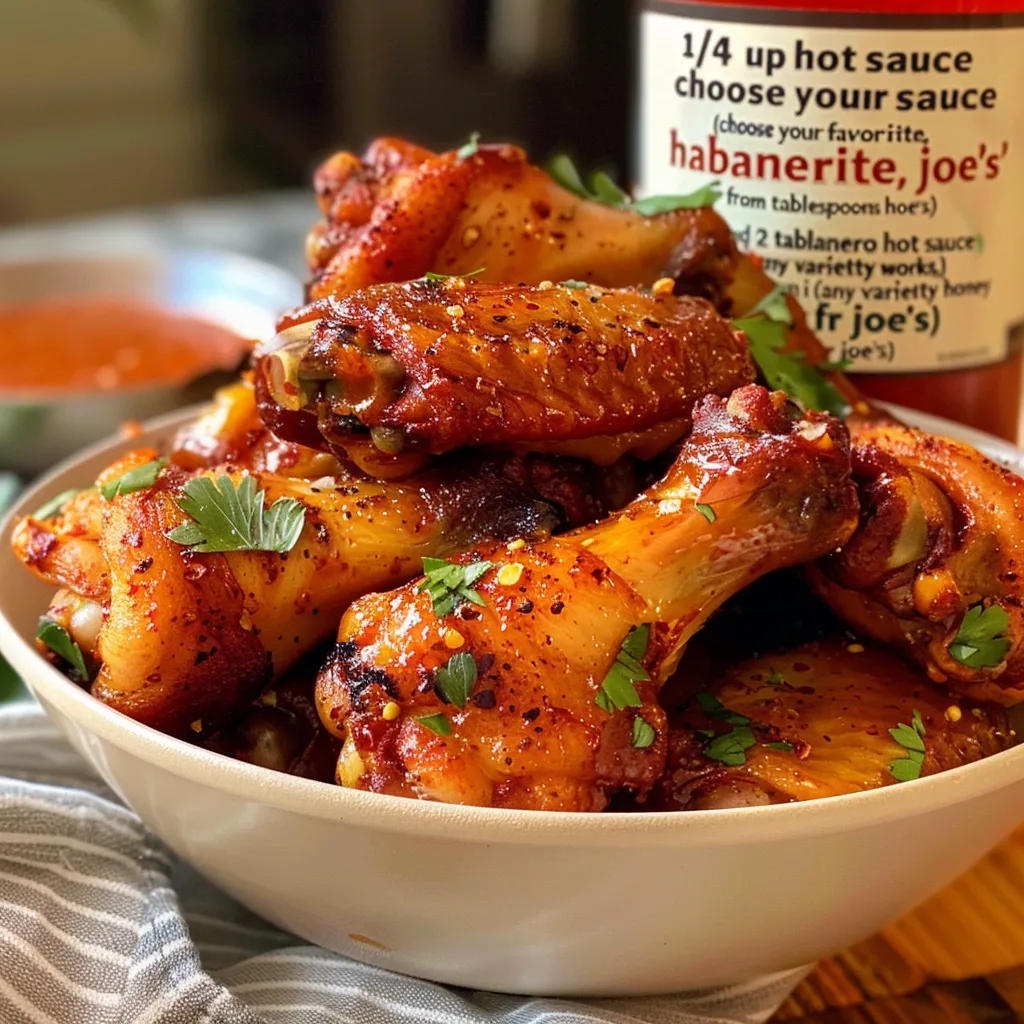 A side view of succulent chicken wings glistening with honey sauce on a rustic wooden table.