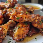 Side view of delicious hot honey wings with a glossy glaze and a crispy texture.