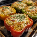 Vibrant halved bell peppers filled with creamy Alfredo mixture, showcasing gooey cheese.