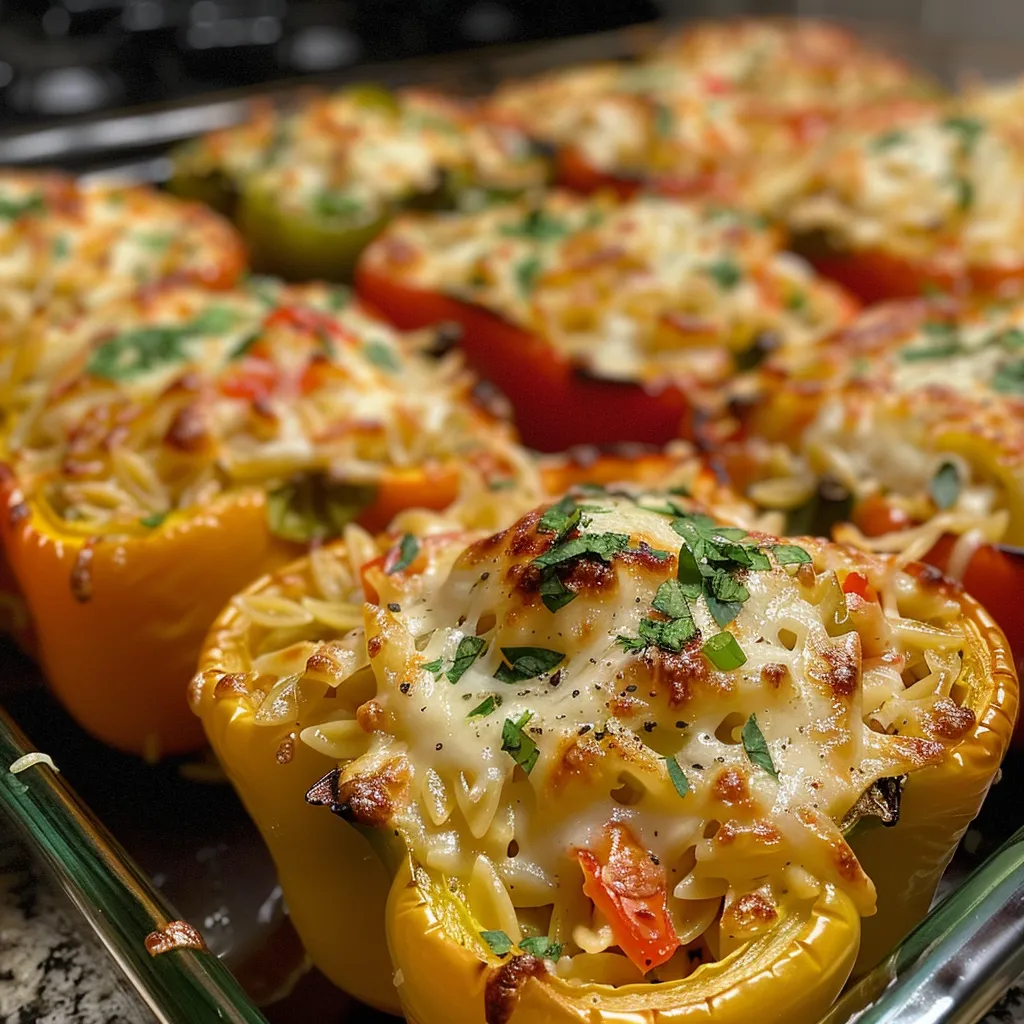 Detailed view of baked bell peppers stuffed with Alfredo, garnished with melted cheese.