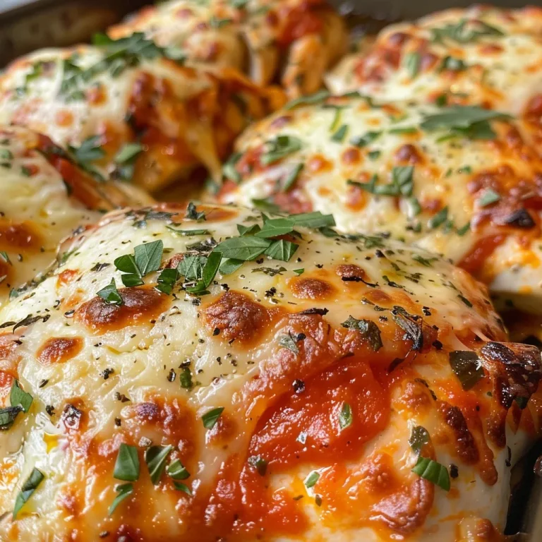 Juicy mozzarella chicken bake with a golden cheese crust, viewed from the side.