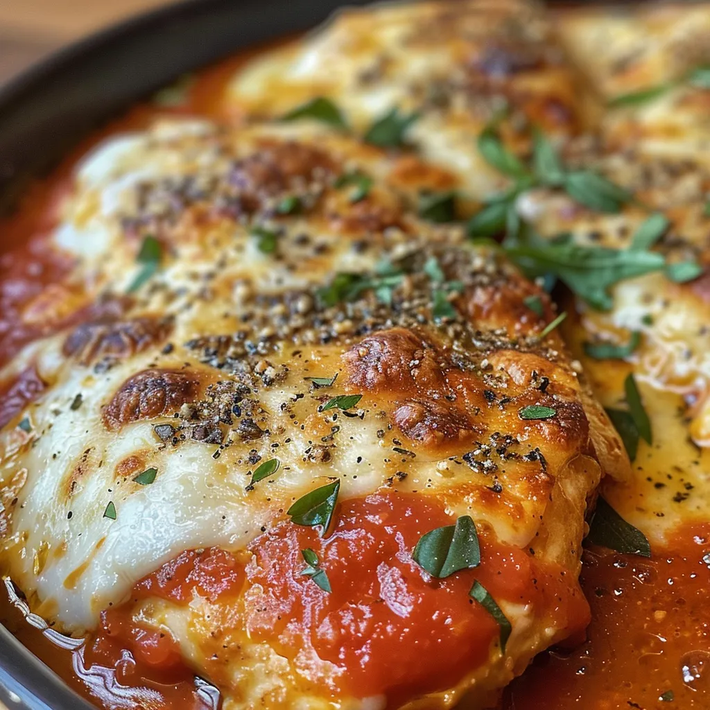 Freshly baked cheesy chicken dish garnished with basil and served in a white dish.