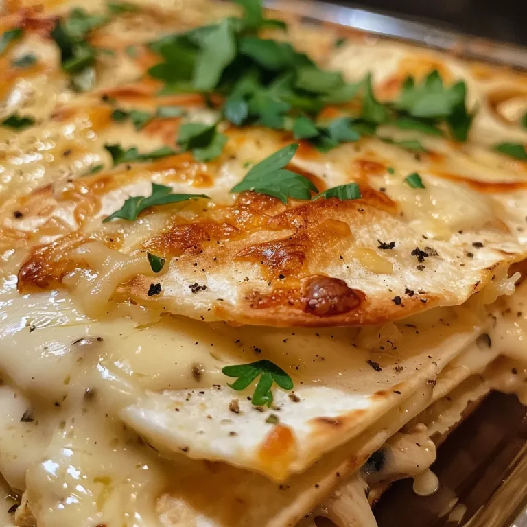 Detailed close-up of a cheesy Chicken Alfredo Quesadilla Casserole, garnished with parsley and green onions.
