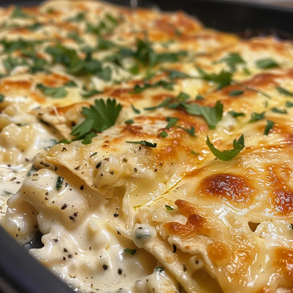 Mouthwatering Chicken Alfredo Quesadilla Casserole displayed in a baking dish, highlighting its creamy texture.