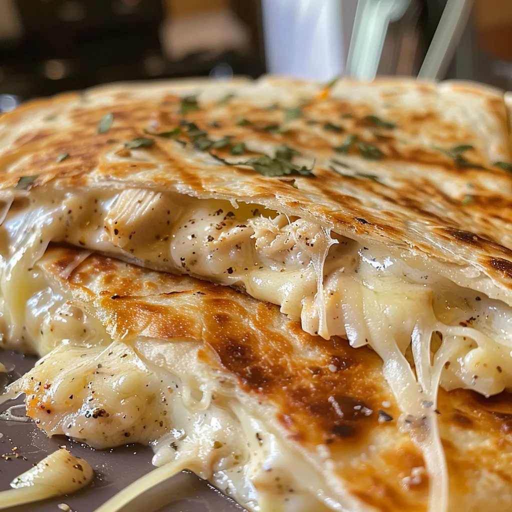 Juicy Chicken Alfredo Quesadilla on a plate, showcasing its appetizing layers.