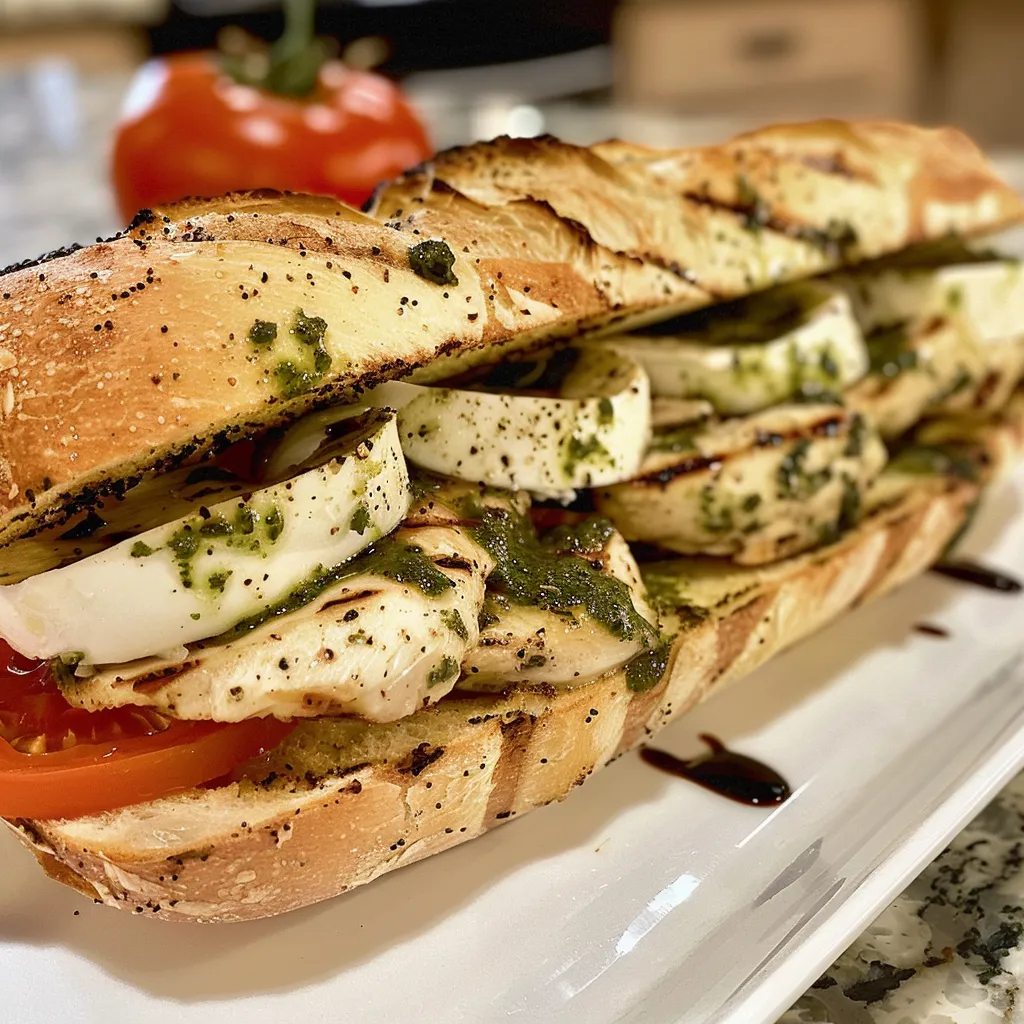Juicy Chicken Caprese Sandwich with ciabatta bread, fresh tomato, and balsamic drizzle, captured from the side.