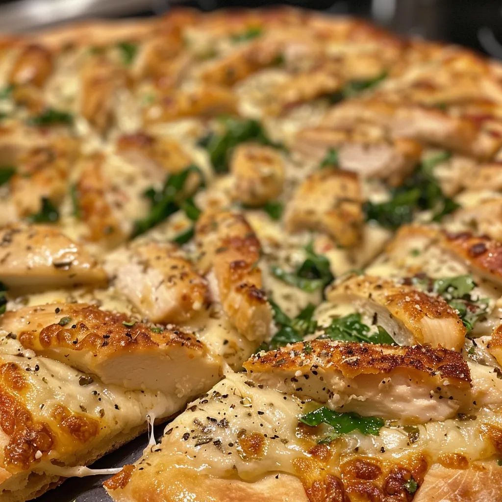 Detailed view of Chicken Crust Caesar Salad Pizza highlighting the ingredients and textures.