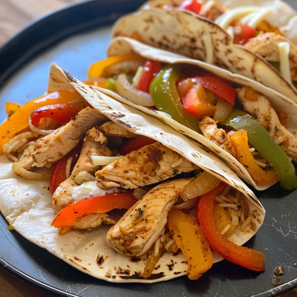 Appetizing close-up of a Chicken Fajitas Wrap, highlighting fresh vegetables and melted cheese.
