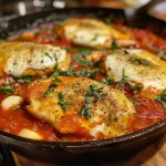 A delicious Chicken Mozzarella Skillet featuring a rich tomato sauce and garlic.