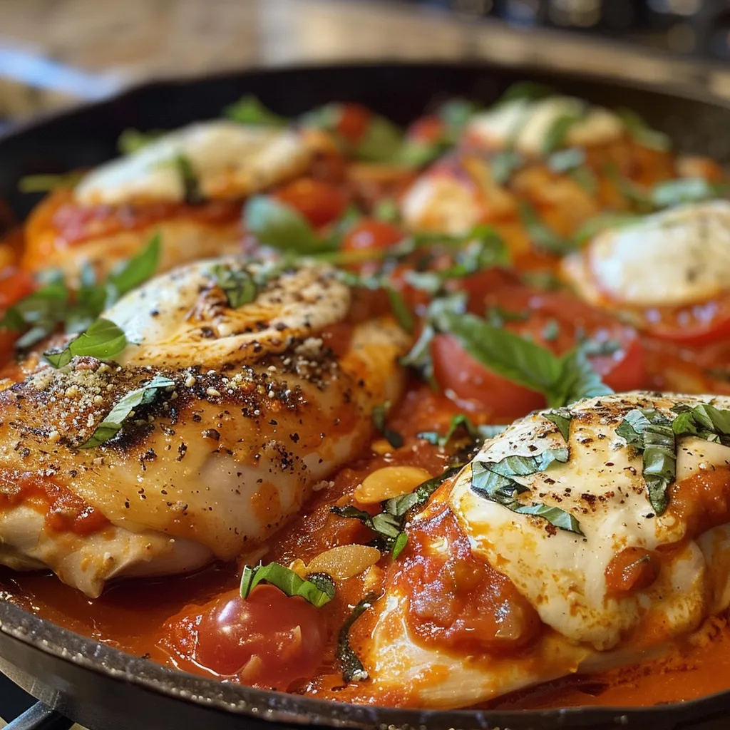 Side view of a skillet filled with chicken, mozzarella, and crushed tomatoes.