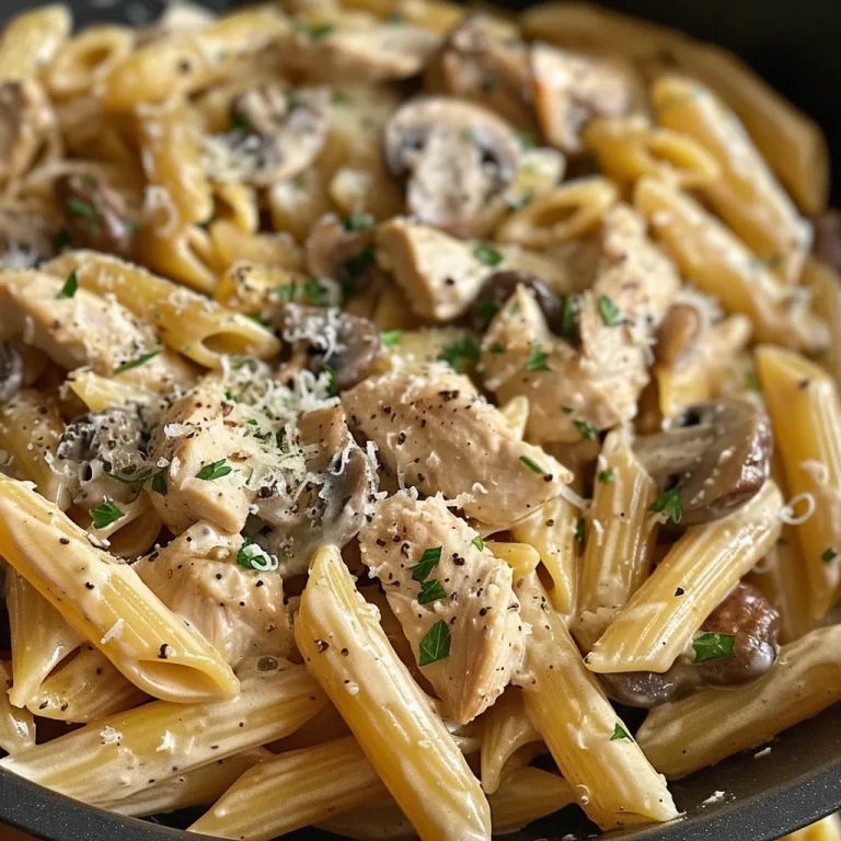 Close-up detail of chicken and mushroom pasta, showcasing the ingredients like sliced chicken breast and cremini mushrooms coated in a thick sauce.