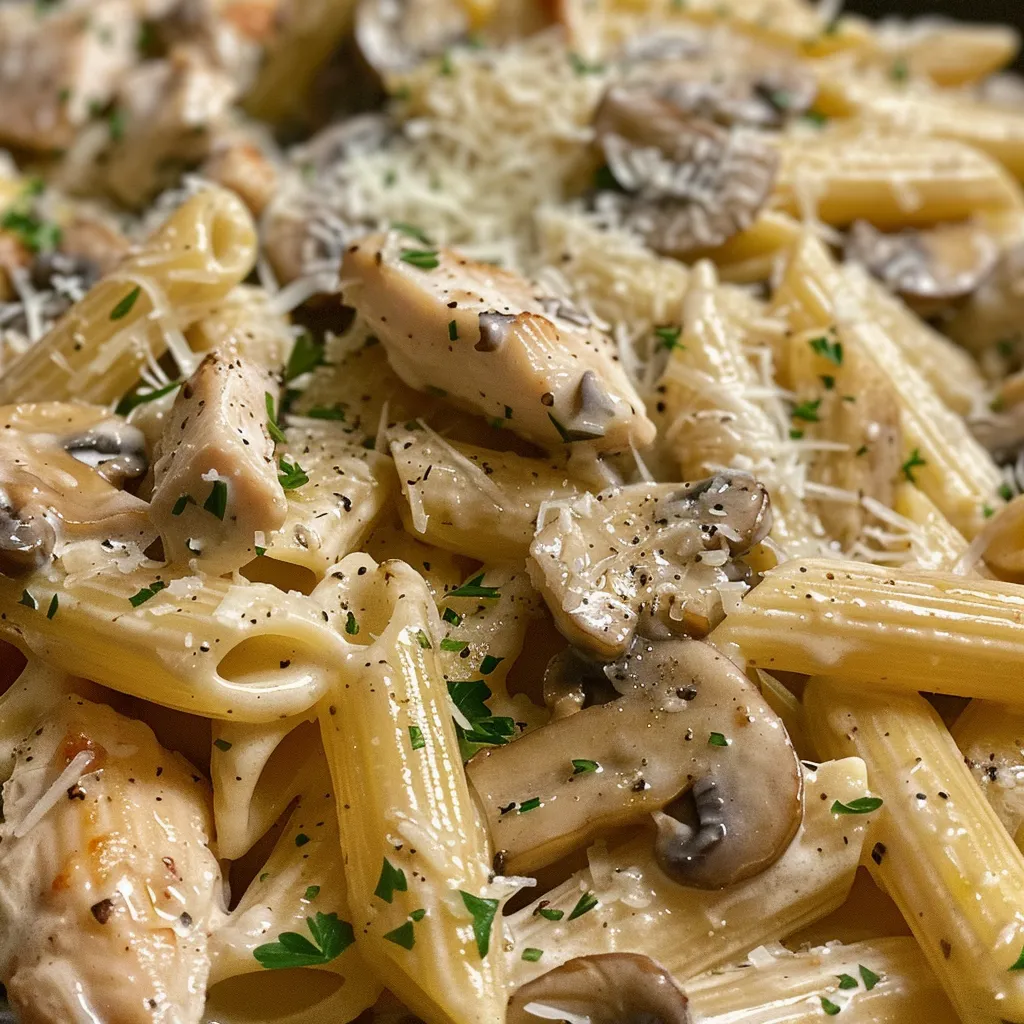 A vibrant plate of chicken and mushroom pasta, emphasizing the creamy texture and garnished with herbs.