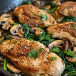 Delicious Chicken Mushroom Spinach Skillet highlighting juicy chicken and sautéed mushrooms.
