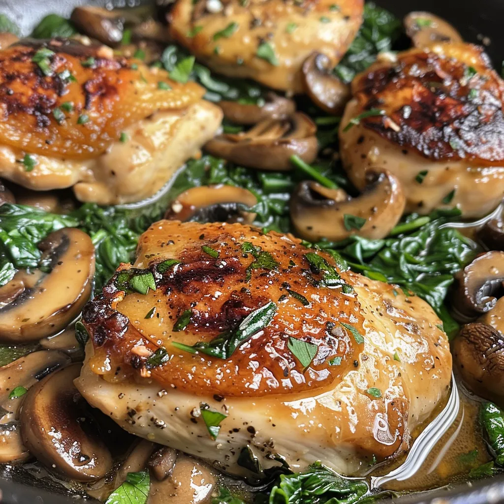 Juicy Chicken Mushroom Spinach Skillet garnished with fresh parsley, showcasing a creamy sauce.
